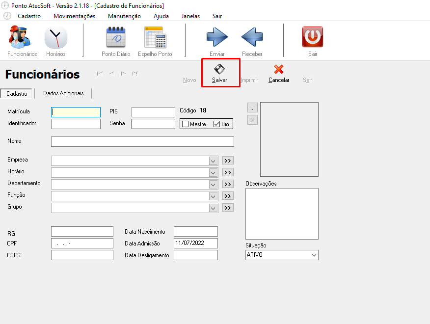 Cadastro de Funcionários no sistema Ponto AtecSoft SCPonto